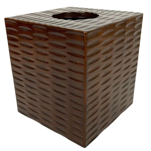 Textured Wood Tissue Box Cover Brown Square Modern Boho Bathroom Decor - Picture 1 of 7